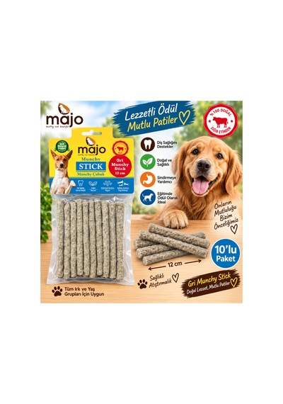 Majo Gri Munchy Stick Köpek Çubuk Ödülü 12 Cm 10 Lu Paket Doğal Sığır Eti Çiğneme Ödülü
