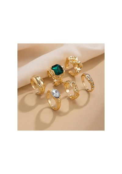 Lume - 6 Adet Yeşil Kristal Taşlı Retro Tasarım Çoklu Ayarlanabilir Gold Altın Yüzük Seti