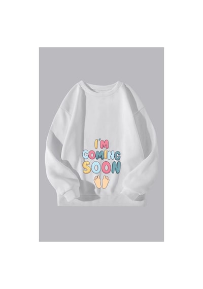 Caxis Kadın I'm Coming Soon Baskılı Hamile Oversize Bisiklet Yaka Sweatshirt Kırık Beyaz