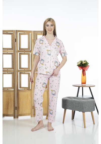 Estiva 24125 Kadın Kittycorn Kısa Kol Önden Düğmeli Yazlık Penye Pijama Takımı 001