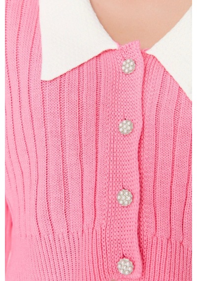 Ersefa Kadın Modern Tarz Regular Bebe Yaka Crop Triko Hırka Pembe