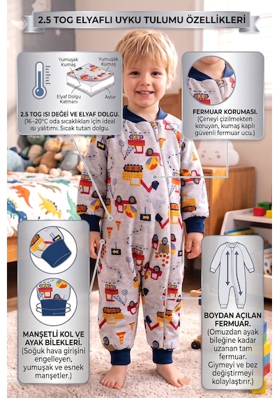 Babymod Araba Desenli 2.5 Tog Elyaf Dolgulu Premium Kaliteli Erkek Çocuk Uyku Tulumu Gri
