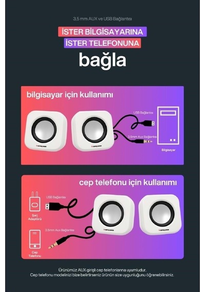Sprange Sr-pn99 2w 2 Usb 2.0 + 3.5mm 5v Pc Bilgisayar Hoparlör Beyaz