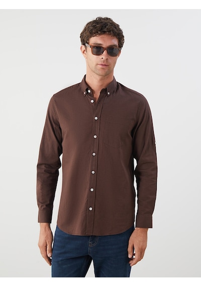 Lcwaıkıkı Classic Kahverengi Regular Fit Uzun Kollu Keten Karışımlı Erkek Gömlek