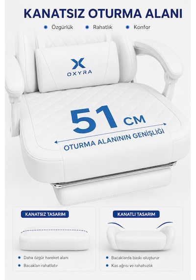 Oxyra Mooncha Oyuncu Koltuğu Premium Komple Beyaz Terletmez Deri Ayak Destekli