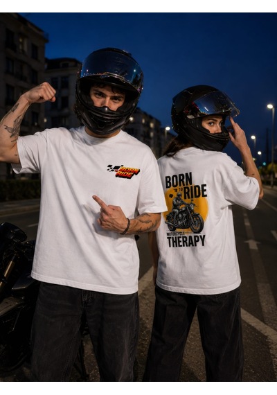 Black Nova Oversize Baskılı Unisex %100 Pamuk T-shirt Motorcycle Therapy Beyaz