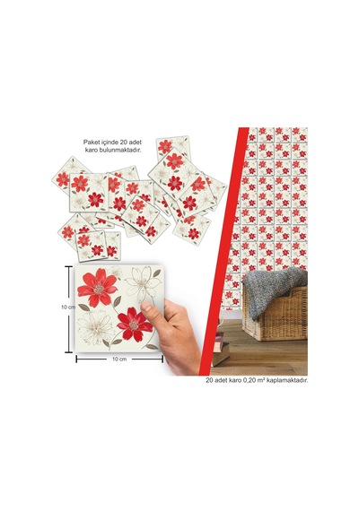 Tink Kendinden Yapışkanlı Kırmızı Çiçek Desenli Pvc Karo 10x10 Cm 20'li Paket Diğer