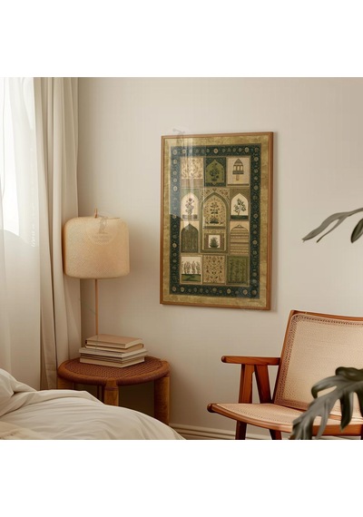 Farsça Botanik Panel Poster Yeşil İslami Duvar Sanatı Vintage Çiçekli Mimari İllüstrasyon