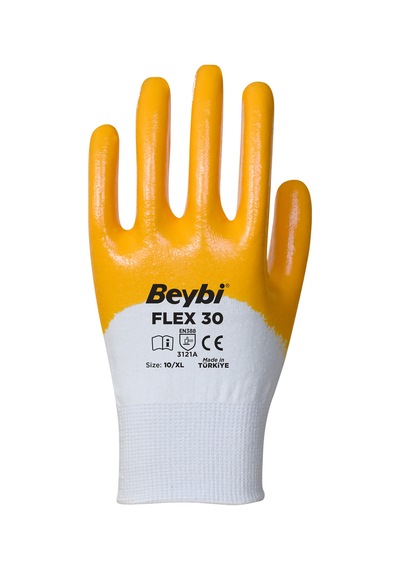 Flex 30 Nitril Kaplı Pamuk Ve Polyester Örgü Eldiven Beyaz - Sarı