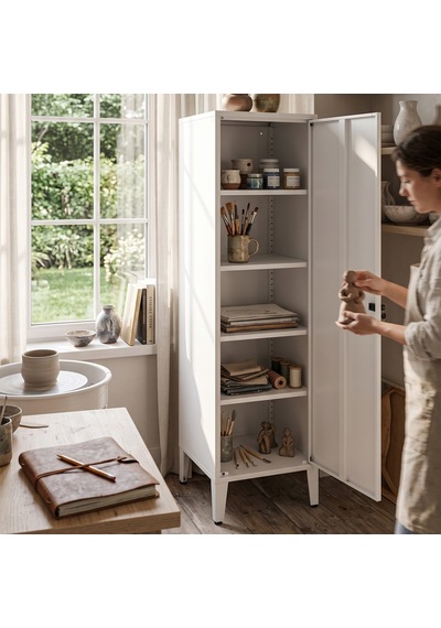 Alfahome Ziglat Serisi Kilitli Metal Home Office Dolabı Metal Kapaklı Beyaz Ral 9003 450x1390x450 Mm Gri-beyaz