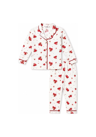 Beniizle Kız Çocuk Çilek Desenli Uzun Kollu Pijama Takımı Beyaz