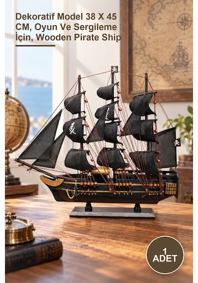 1 Adet Ahşap Korsan Gemisi Dekoratif Model 38 X 45 Cm, Oyun Ve Sergileme İçin, Wooden Pirate Ship
