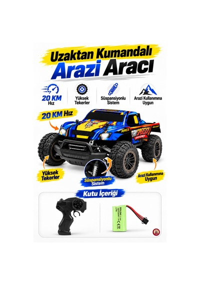 Uzaktan Kumandalı Arazi Aracı 20 Km Hız 2.4 Ghz Şarjlı Süspansiyonlu Büyük Teker Led Işıklı Rc Araba 30 Cm Mavi