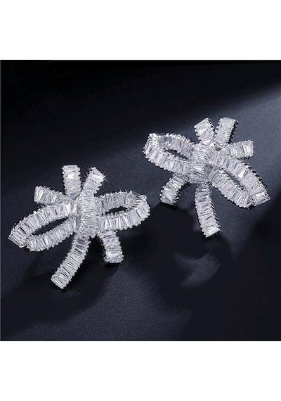 Monemel Swarovski Taşlı Fiyonk Küpe Gümüş - Rodyum