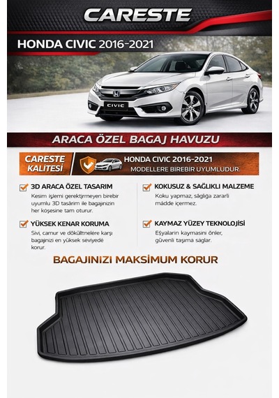 Honda Civic 2016-2021 Sedan Bagaj Havuzu 3d Araca Özel Yüksek Kenarlı