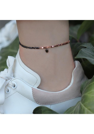 Oniks Taşlı Oval Rose Gold Halhal Gümüş