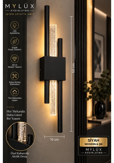 Mylüx Kabarcıklı Kirpi Aplik Siyah 220v Elektrikli Led 50 Cm Modern Dekoratif Duvar Apliği Siyah Siyah