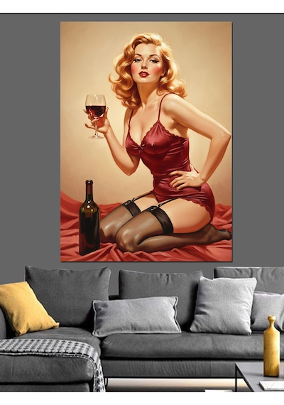 Şarap İçen Kırmızı Gecelikli Seksi Retro Kadın Dekoratif Kanvas - Mdf Ahşap Tablo