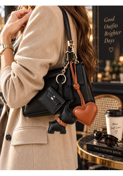 Siyah Köpek Figürlü Çanta Charm Mini Çanta Ve Kalp Detaylı Bag Charm Çanta Süsü Anahtarlık