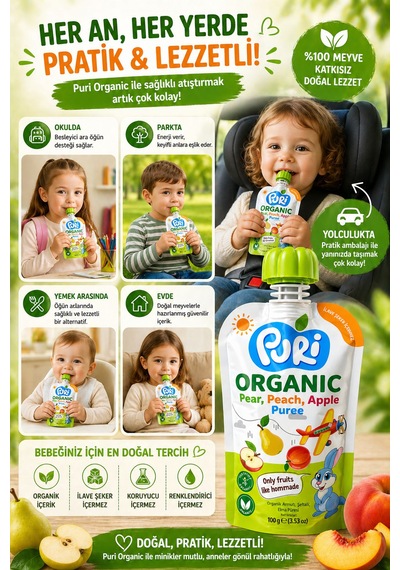 Organic %100 Organik Meyve Püresi Armut - Şeftali Elma 100 G İlave Şekersiz