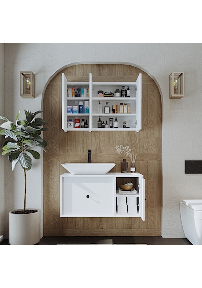 Çanak Lavabolu Mat Mdf 90 Cm Banyo Dolabı + Aynalı Dolap Beyaz Mat Beyaz