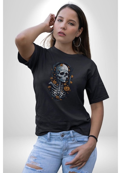 Cadılar Bayramı Kuru Kafa Unisex Unisex Siyah Organik Baskılı T-shirt Penye Yüksek Kalite Siyah