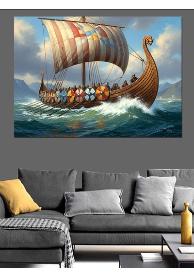 Ahşap Tablo Denizde Yol Alan Viking Gemisi