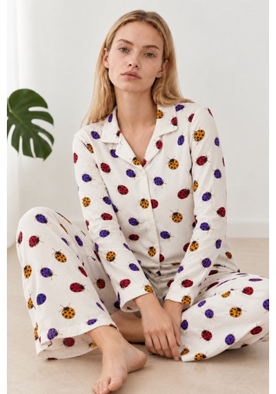 Kadın Uğur Böcekli Gömlek Yaka Beyaz Pijama Takımı 4827