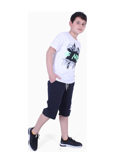 Fyk Kids Kind Nes-trend Wa Yazı Baskılı Erkek Çocuk Kapri Takım Beyaz