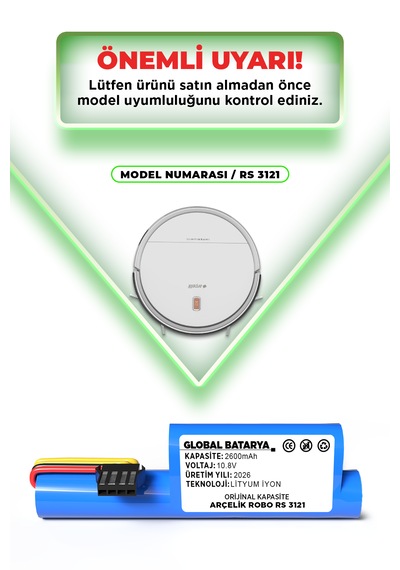 Arçelik Robo Rs 3121 Robot Süpürge Bataryası 10.8v 2600mah Li-ion Pil  Kapasite