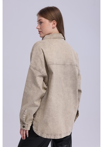 Selectmoda Kadın Çift Cepli Çıtçıt Kapamalı Oversize Kot Gömlek bej