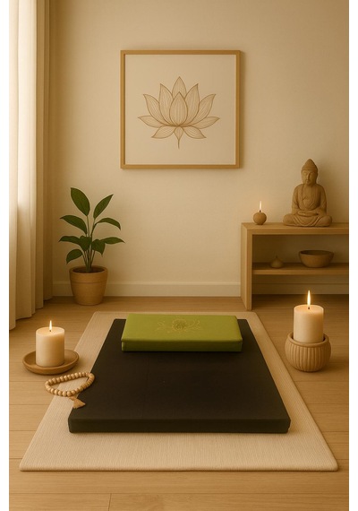 60x60 Meditasyon Minderi Seti İkili Yoga Meditasyon Minderi Lotus Çiçeği Baskılı Meditasyon Minderi Siyah - Yeşil