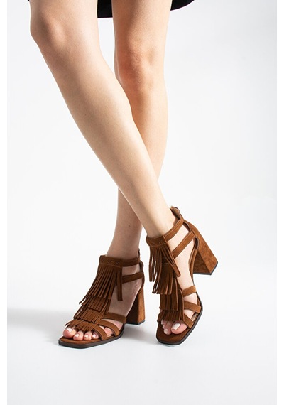 Dericia Shoes Fringe Hakiki Deri Süet Kadın Püskül Detaylı Kalın Topuklu Sandal Turuncu