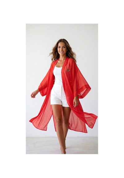 Lila Mare İnce Pamuk Vual Kumaşlı Handmade Beachwear Yazlık Kimono Renkli Renkli
