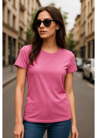 Kadın %100 Organik Pamuklu Relaxed Yıkamalı T-shirt Bisiklet Yaka Kısa Kollu Kadın Basic Tişört Fuşya