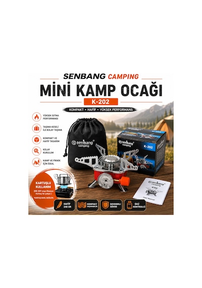 Senbang Camping K-202 Mini Kamp Ocağı Portatif Kartuşlu Gaz Ocağı, Taşıma Keseli Kompakt Piknik Ocağı Kırmızı