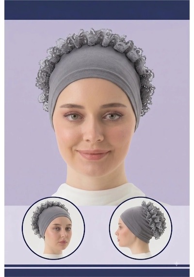 Myreal Fırfırlı Bone Dantel Penye Bağlamalı - Hacim Veren Topuz Bonesi gri