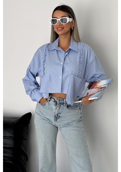 Femelle Mavi Tasarım Çizgili Crop Gömlek