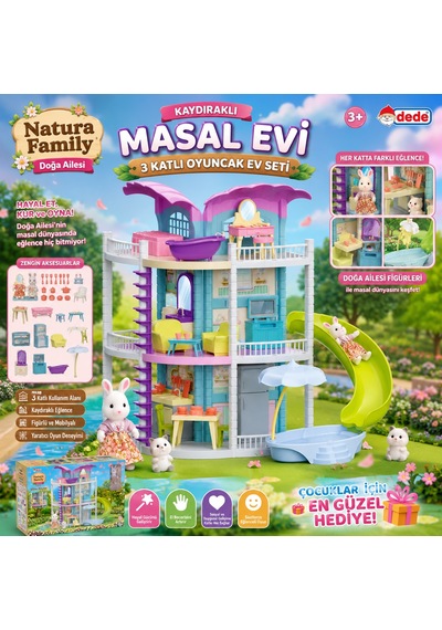 Doğa Ailesi Masal Evi Kaydıraklı 3 Katlı Oyuncak Ev Seti Figürlü, Mobilyalı Ve Aksesuarlı