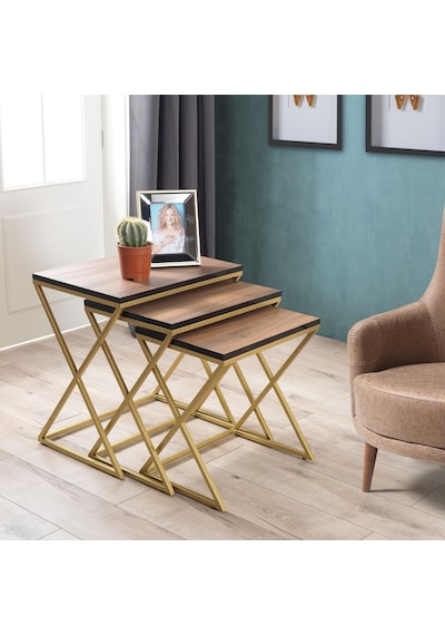 Venedik Gold Metal Ayaklı,Ceviz Kaplama Mdf'Li Zigon Sehpa
