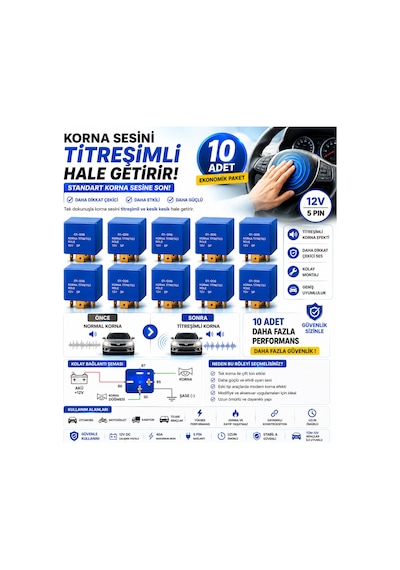 10 Adet 12v 5 Pin Titreyen Korna Rölesi Kesici Röle Evrensel Oto Korna Modülü Güçlü Korna Efekti