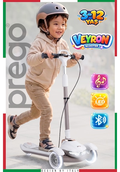 Prego Veyron Bluetoothlu Müzikli Işıklı Çocuk Scooter Katlanabilir - Yükseklik Ayarlı Bej