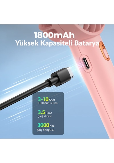 Warmco K30 Taşınabilir Şarjlı Mini El Vantilatörü 1800mah 3 Kademeli Standlı Soğutucu Fan Pembe