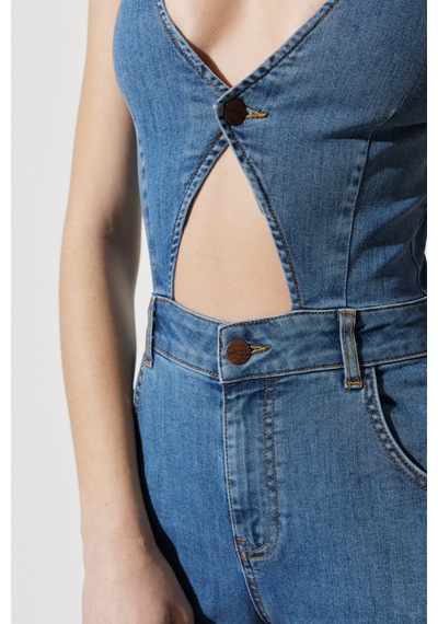 Regular Fit Normal Kesim Normal Bel Geniş Paça Kolsuz Açık Mavi Esnek Jean Tulum Açık Mavi
