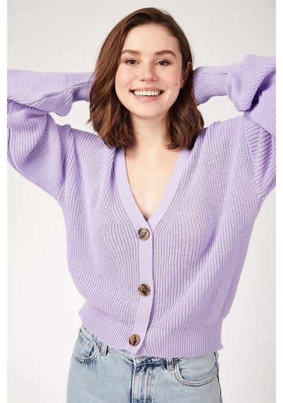 Aqe Fashion Kadın Lila 3 Düğmeli Kolu Volanlı Hırka Lila