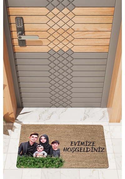 Rugmood Modern Dijtal Baskı Yeşillikli Aile Temalı Kapı Önü Paspası Çok Renkli