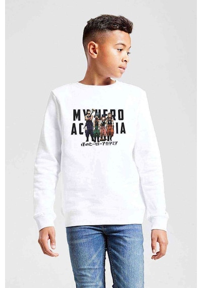 Tshirthane Anime My Hero Baskılı Unisex Çocuk Beyaz Sweatshirt Beyaz