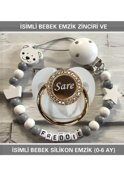 Sahi Aksesuar İsimli Bebek Emzik Zinciri ve Bebek Silikon Emzik BEZYI235 Gri