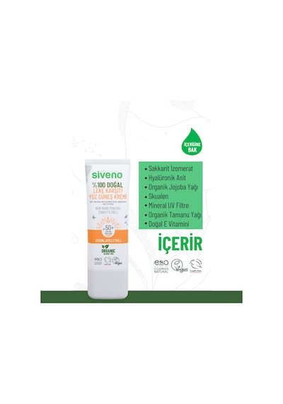 Siveno %100 Doğal Yüz Güneş Kremi Leke Karşıtı Aydınlatıcı Çinko Mineral Filtre UVA UVB SPF 50+ 30 ML