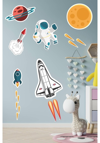 MSticker Sevimli Astronot, Uzay Mekiği, Gezegen Sticker Seti Çocuk Bebek Odası